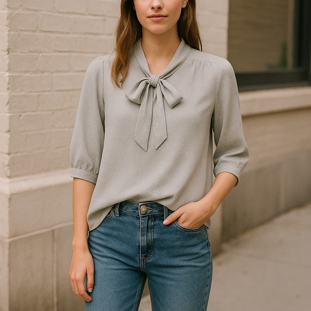 New York & Company Light Sage Bow Tie Blouse
